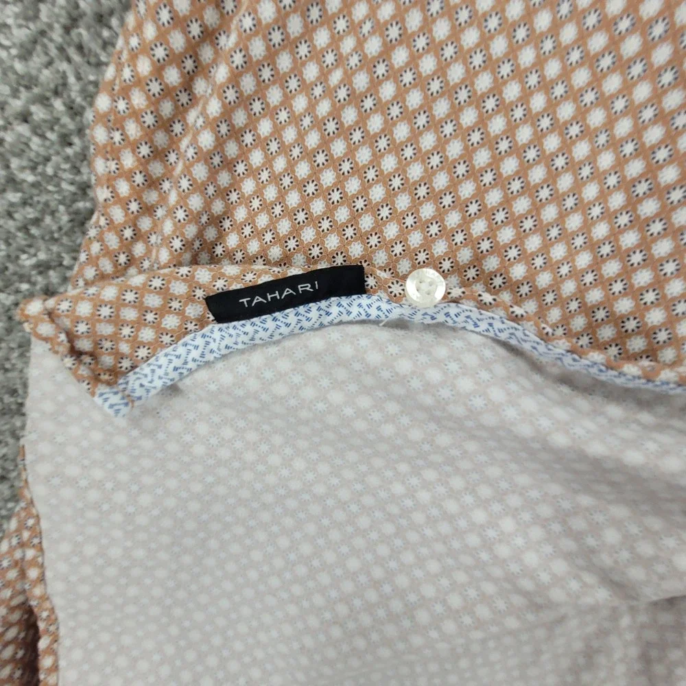 Tahari Mens XXL Stretch Short Sleeve Button Down Shirt Tan Geometric Pineapple